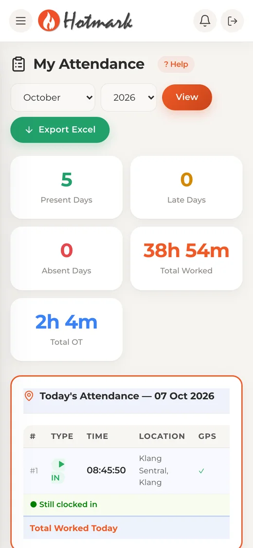 Hotmark My Attendance screen on a phone