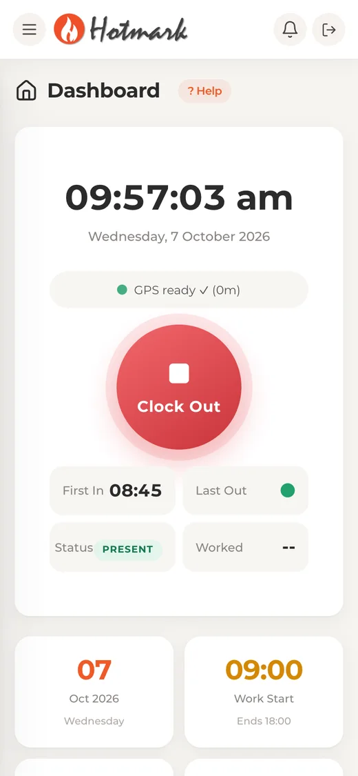Hotmark staff phone screen with the Clock Out button