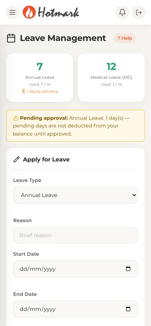 Hotmark leave application screen on a phone
