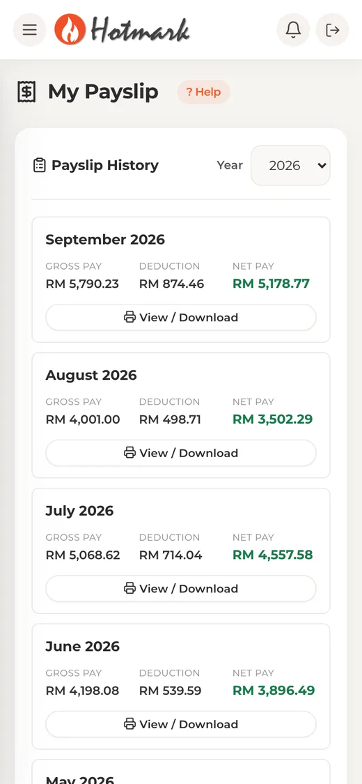 Hotmark payslip history on a phone