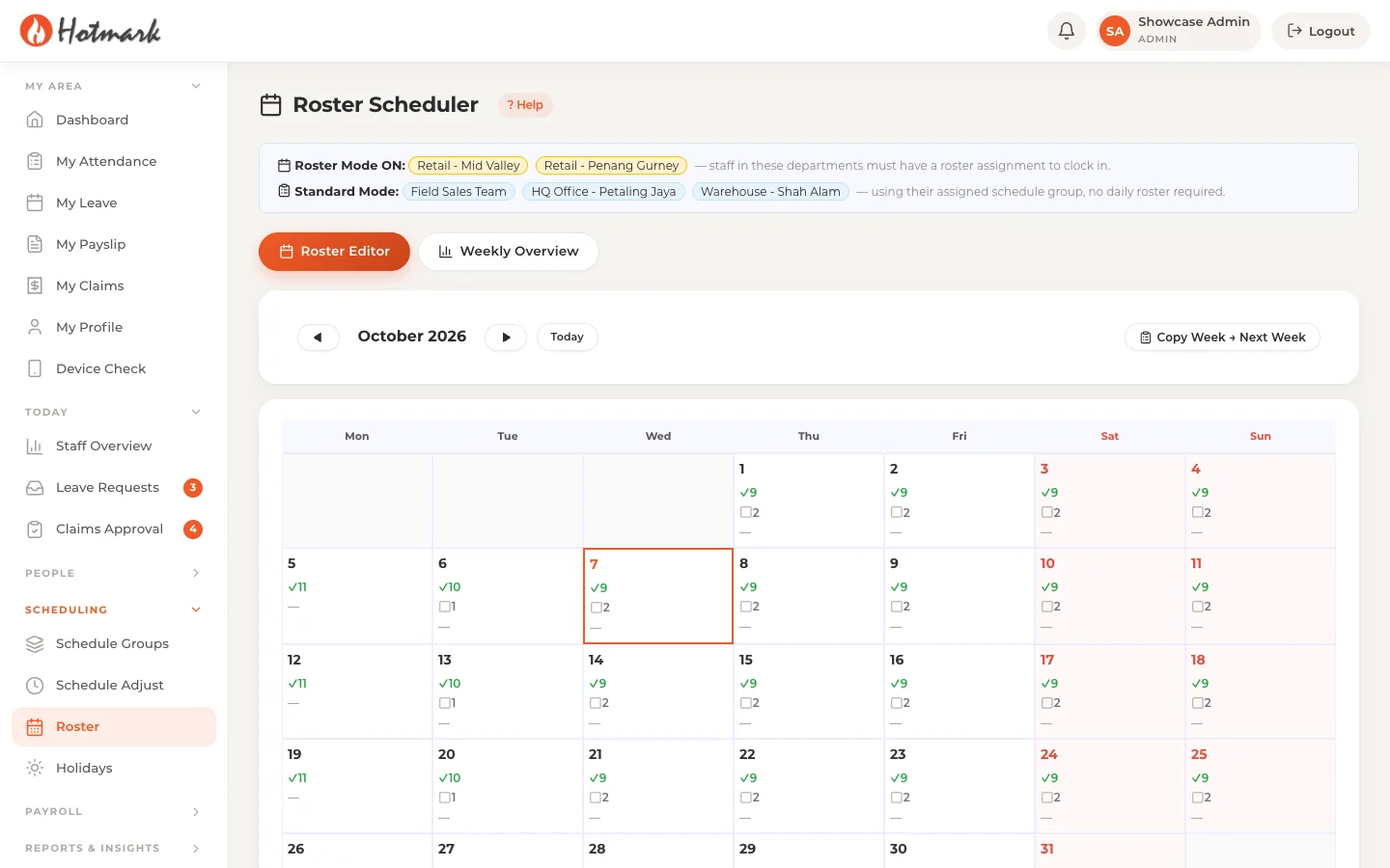 Hotmark roster scheduler with monthly calendar