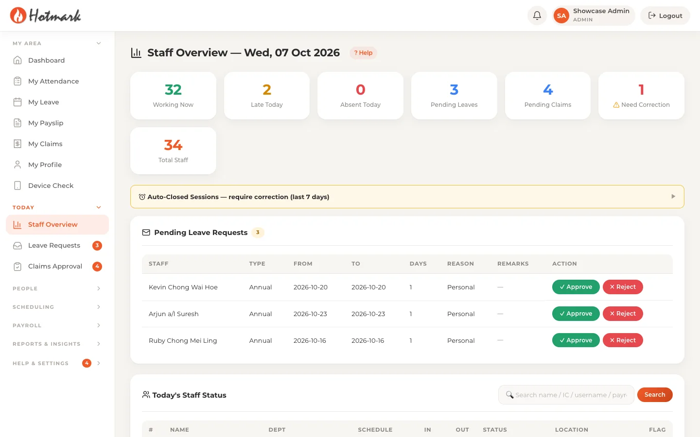 Hotmark staff overview with pending leave requests